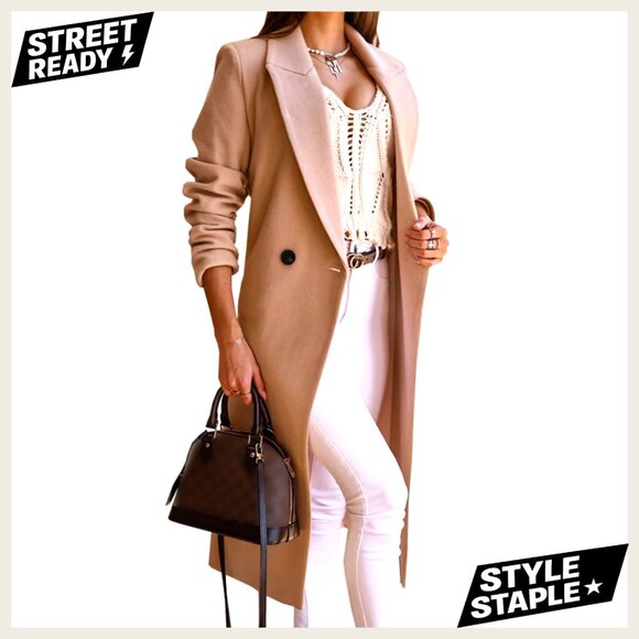 Long Wool Pea Coat Double Breasted Slim Fit Overcoat Women's Winter